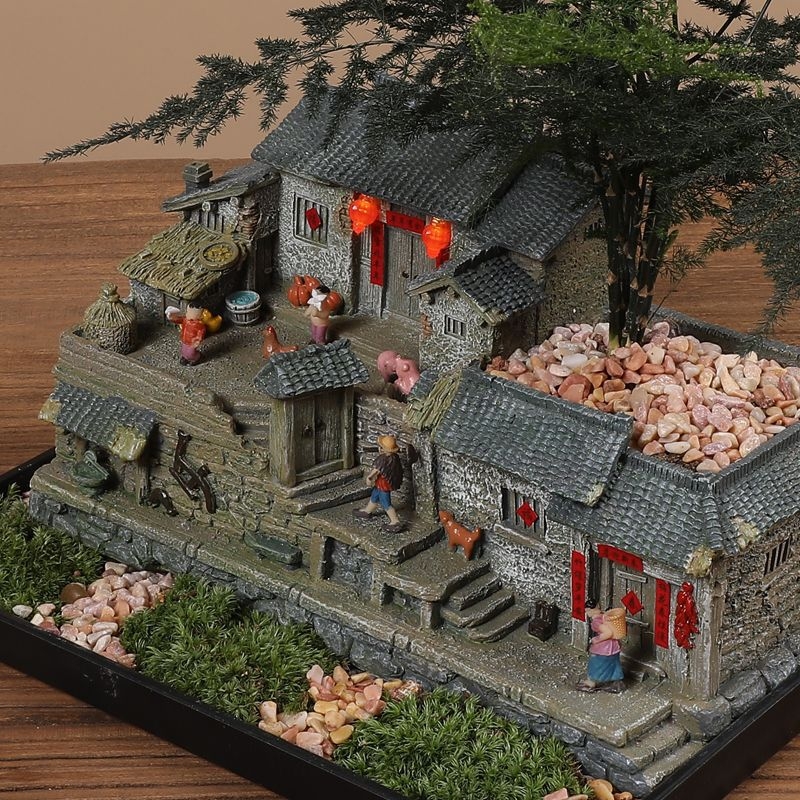 Mechový mikrolandschaft model starého domu z živice, stolová ozdoba pre bonsai, moderný čínsky štýl