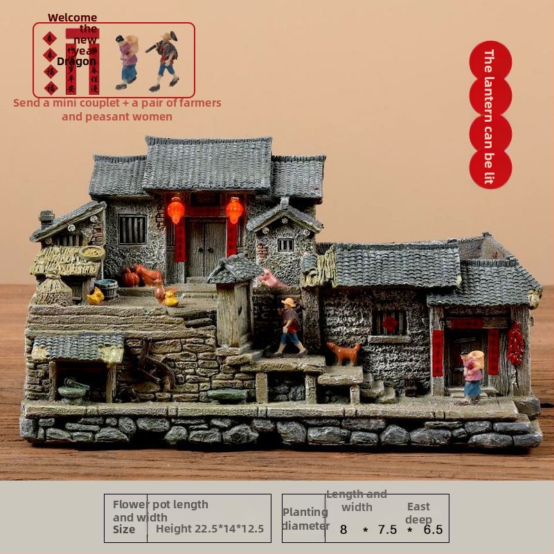 Mechový mikrolandschaft model starého domu z živice, stolová ozdoba pre bonsai, moderný čínsky štýl