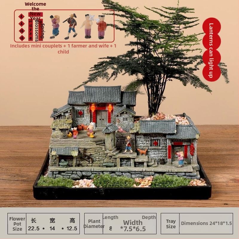 Mechový mikrolandschaft model starého domu z živice, stolová ozdoba pre bonsai, moderný čínsky štýl