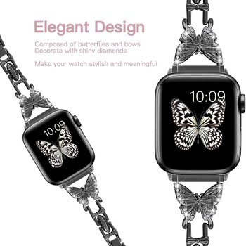 Bratara pentru Apple Watch cu motiv fluture diamantat, aliaj de zinc, compatibilă cu Apple Watch generațiile 1–8, închidere snap