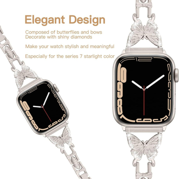 Bratara pentru Apple Watch cu motiv fluture diamantat, aliaj de zinc, compatibilă cu Apple Watch generațiile 1–8, închidere snap