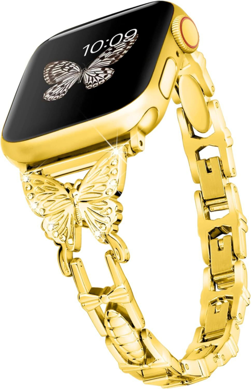 Bratara pentru Apple Watch cu motiv fluture diamantat, aliaj de zinc, compatibilă cu Apple Watch generațiile 1–8, închidere snap