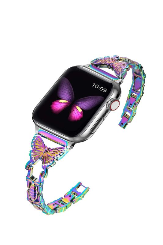 Bratara pentru Apple Watch cu motiv fluture diamantat, aliaj de zinc, compatibilă cu Apple Watch generațiile 1–8, închidere snap