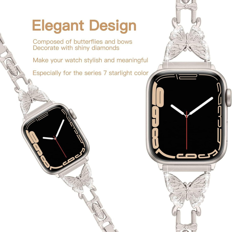 Bratara pentru Apple Watch cu motiv fluture diamantat, aliaj de zinc, compatibilă cu Apple Watch generațiile 1–8, închidere snap