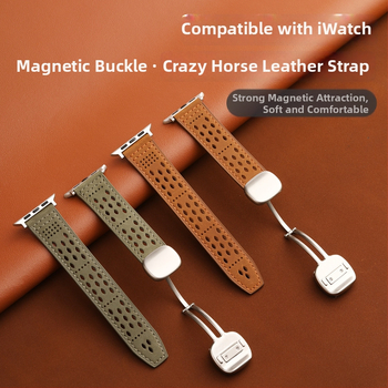 Brățară Apple Watch din piele naturală, catară magnetică Ultra, piele Crazy Horse, respirabilă