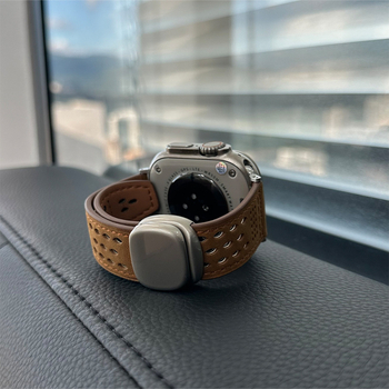 Brățară Apple Watch din piele naturală, catară magnetică Ultra, piele Crazy Horse, respirabilă