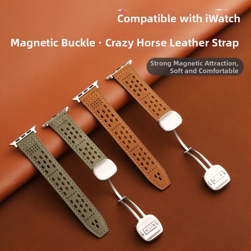 Brățară Apple Watch din piele naturală, catară magnetică Ultra, piele Crazy Horse, respirabilă