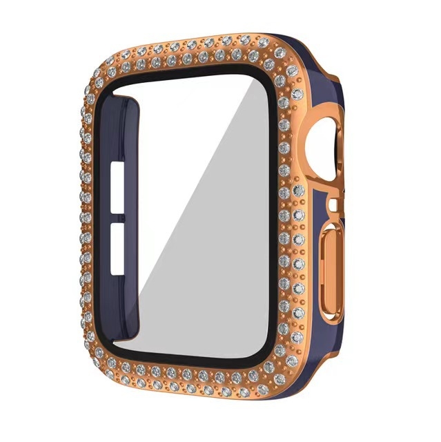 Protecție pentru Apple iWatch 7/8, electroplattată, cu diamante încrustate în două rânduri, carcasă integrată cu folie de protecție, PC