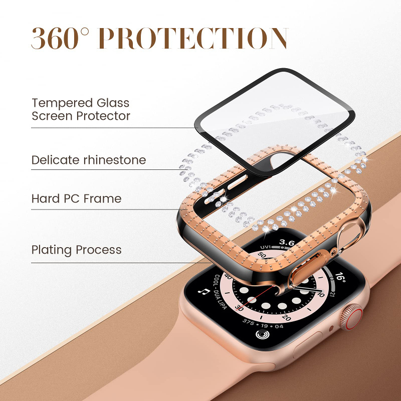 Protecție pentru Apple iWatch 7/8, electroplattată, cu diamante încrustate în două rânduri, carcasă integrată cu folie de protecție, PC
