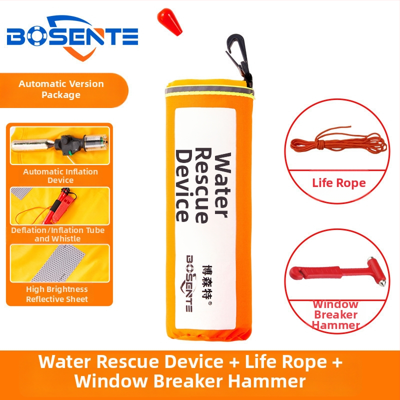 Automātiski piepūšams automobiļa glābšanas riņķis ar logu laušanas instrumentu un āmuru, pārnēsājams transportlīdzekļa glābšanas līdzeklis