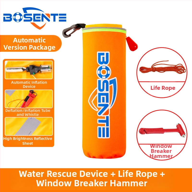 Automātiski piepūšams automobiļa glābšanas riņķis ar logu laušanas instrumentu un āmuru, pārnēsājams transportlīdzekļa glābšanas līdzeklis