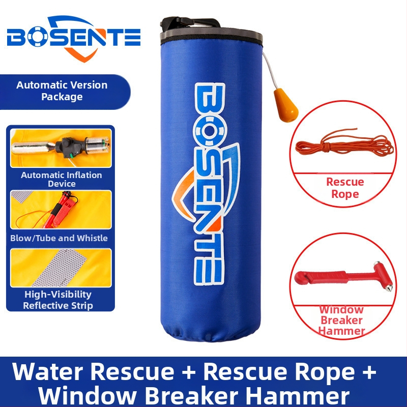 Automātiski piepūšams automobiļa glābšanas riņķis ar logu laušanas instrumentu un āmuru, pārnēsājams transportlīdzekļa glābšanas līdzeklis