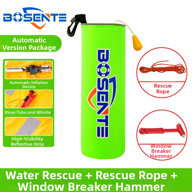 Automātiski piepūšams automobiļa glābšanas riņķis ar logu laušanas instrumentu un āmuru, pārnēsājams transportlīdzekļa glābšanas līdzeklis