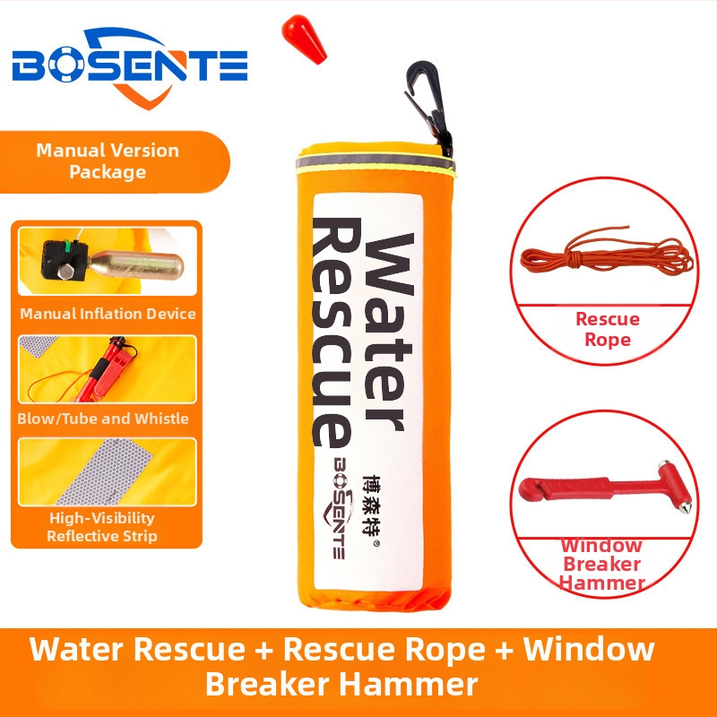 Automātiski piepūšams automobiļa glābšanas riņķis ar logu laušanas instrumentu un āmuru, pārnēsājams transportlīdzekļa glābšanas līdzeklis
