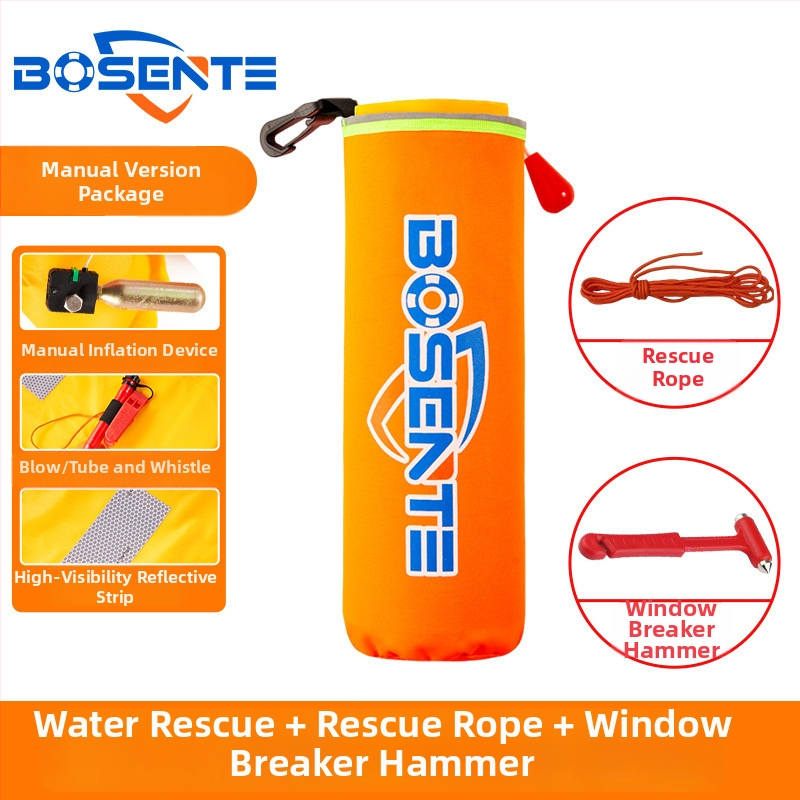 Automātiski piepūšams automobiļa glābšanas riņķis ar logu laušanas instrumentu un āmuru, pārnēsājams transportlīdzekļa glābšanas līdzeklis