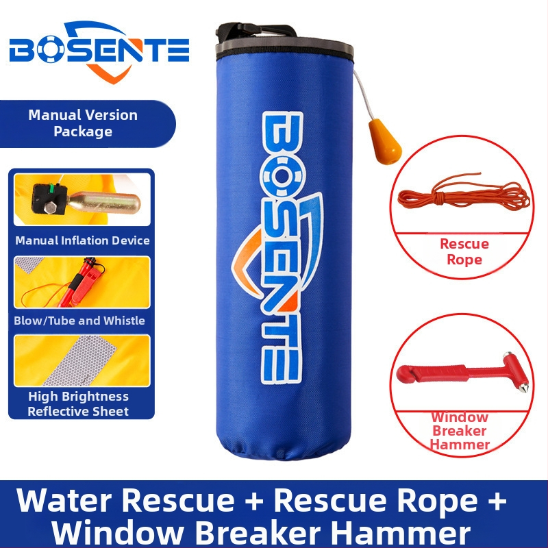 Automātiski piepūšams automobiļa glābšanas riņķis ar logu laušanas instrumentu un āmuru, pārnēsājams transportlīdzekļa glābšanas līdzeklis