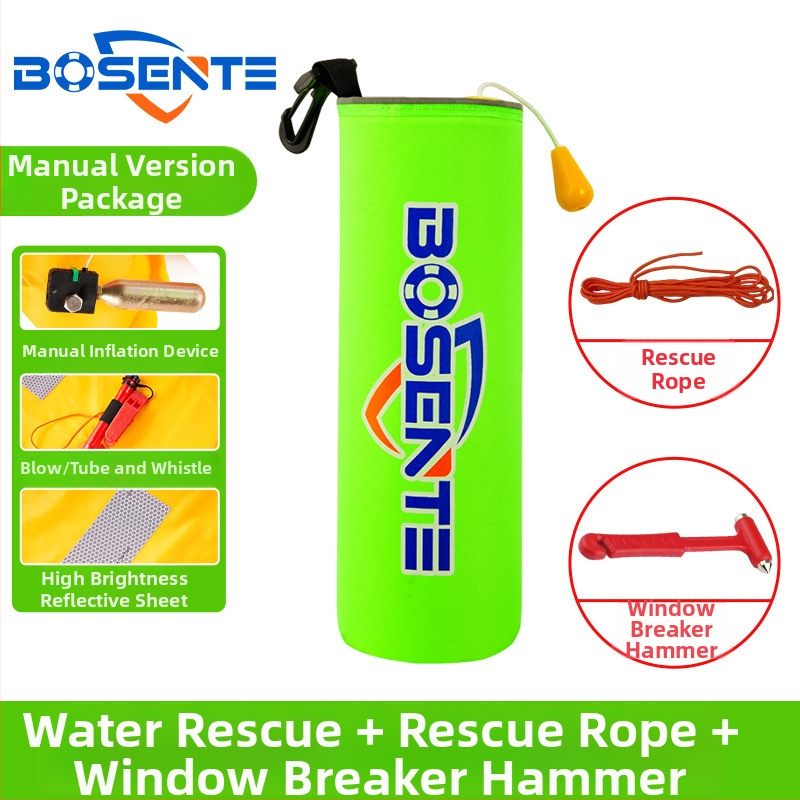 Automātiski piepūšams automobiļa glābšanas riņķis ar logu laušanas instrumentu un āmuru, pārnēsājams transportlīdzekļa glābšanas līdzeklis