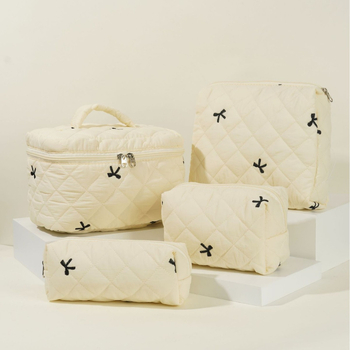 Set de genți: geantă de mână brodată cu funda și kit de genți pentru machiaj/toaletă, capacitate mare, exterior din nylon, căptușeală poliester, model unic, unisex