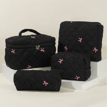 Set de genți: geantă de mână brodată cu funda și kit de genți pentru machiaj/toaletă, capacitate mare, exterior din nylon, căptușeală poliester, model unic, unisex