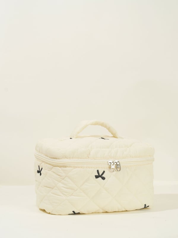 Set de genți: geantă de mână brodată cu funda și kit de genți pentru machiaj/toaletă, capacitate mare, exterior din nylon, căptușeală poliester, model unic, unisex