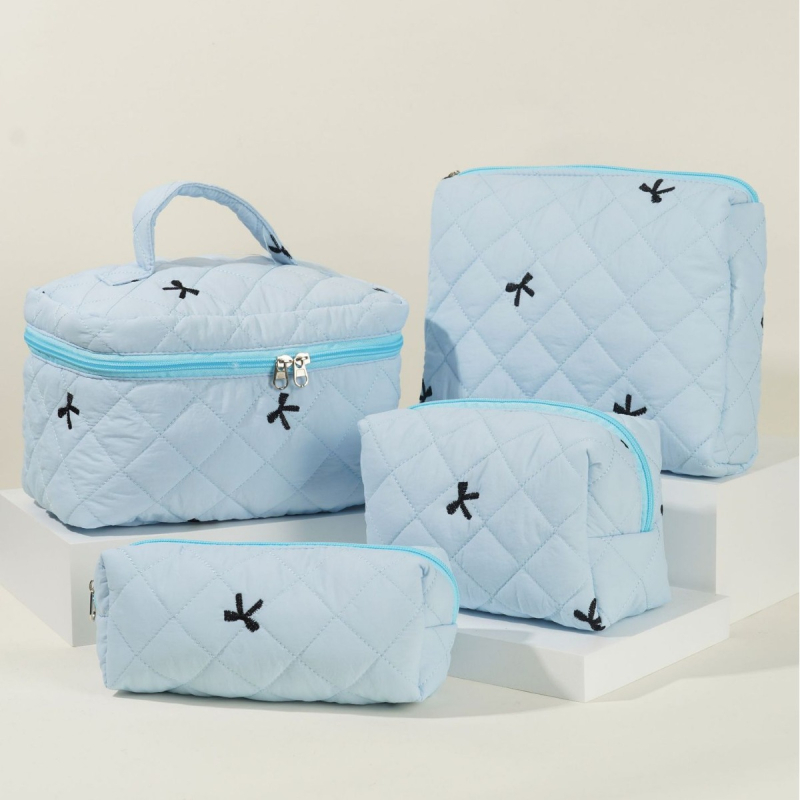 Set de genți: geantă de mână brodată cu funda și kit de genți pentru machiaj/toaletă, capacitate mare, exterior din nylon, căptușeală poliester, model unic, unisex