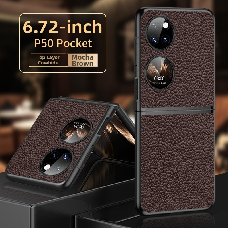 Huawei P50s viedtālruņa vāciņš, salokāms dārgumu kārbas dizains, īsta liellopa āda ar liči tekstūru, roku darbs
