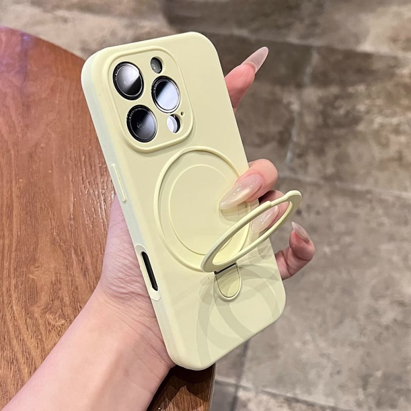 Korpuss no šķidrā silikona iPhone 17 Pro Max ar integrētu magnētisko statīvu un kritiena aizsardzību, ziemeļniecisks stil.