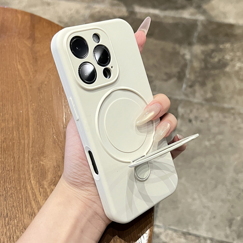 Korpuss no šķidrā silikona iPhone 17 Pro Max ar integrētu magnētisko statīvu un kritiena aizsardzību, ziemeļniecisks stil.