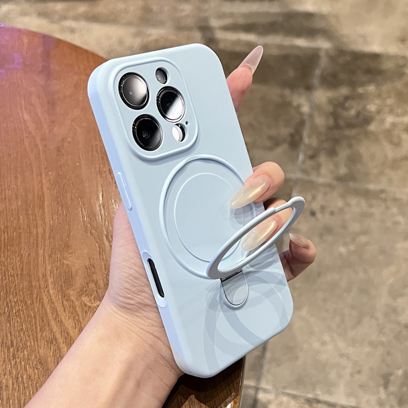 Korpuss no šķidrā silikona iPhone 17 Pro Max ar integrētu magnētisko statīvu un kritiena aizsardzību, ziemeļniecisks stil.