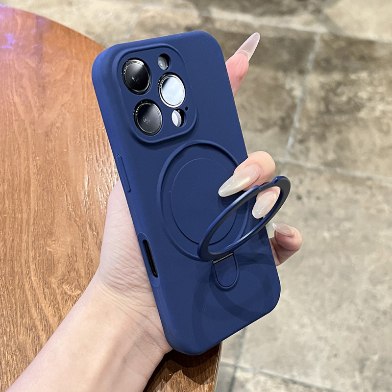 Korpuss no šķidrā silikona iPhone 17 Pro Max ar integrētu magnētisko statīvu un kritiena aizsardzību, ziemeļniecisks stil.