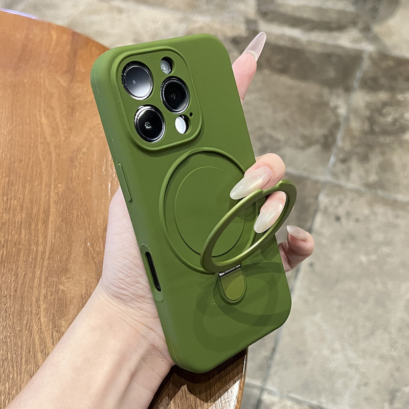 Korpuss no šķidrā silikona iPhone 17 Pro Max ar integrētu magnētisko statīvu un kritiena aizsardzību, ziemeļniecisks stil.