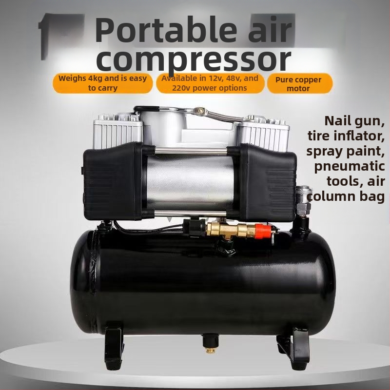 Mini kompresor na auto s nádržou, 12V, 20A, 1 m kábel, 2,5 kg, vhodný pre ťažké nákladné autá, osobné autá, bicykle a lopty