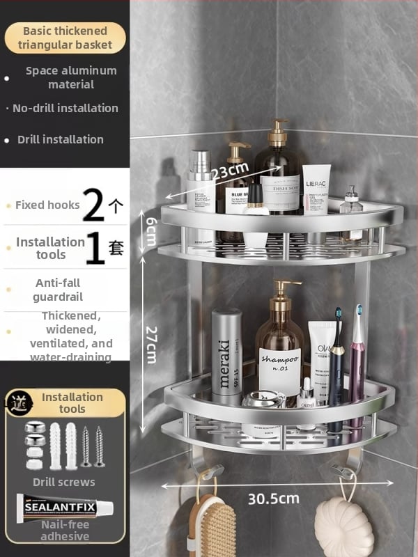 Raft de baie Space Aluminum, colț triunghiular, montat pe perete, 3 etaje