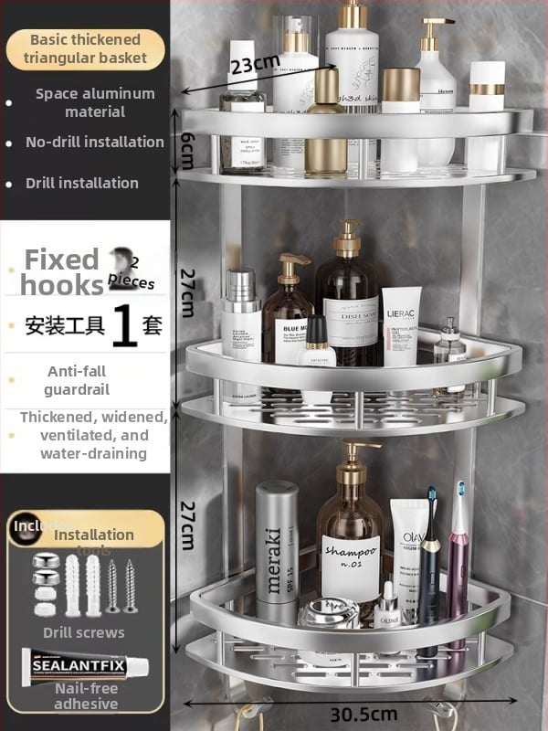 Raft de baie Space Aluminum, colț triunghiular, montat pe perete, 3 etaje