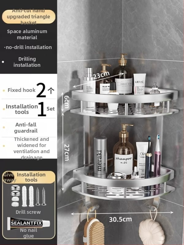 Raft de baie Space Aluminum, colț triunghiular, montat pe perete, 3 etaje