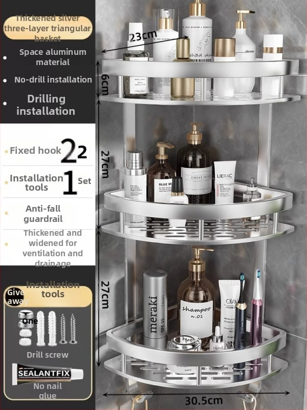 Raft de baie Space Aluminum, colț triunghiular, montat pe perete, 3 etaje