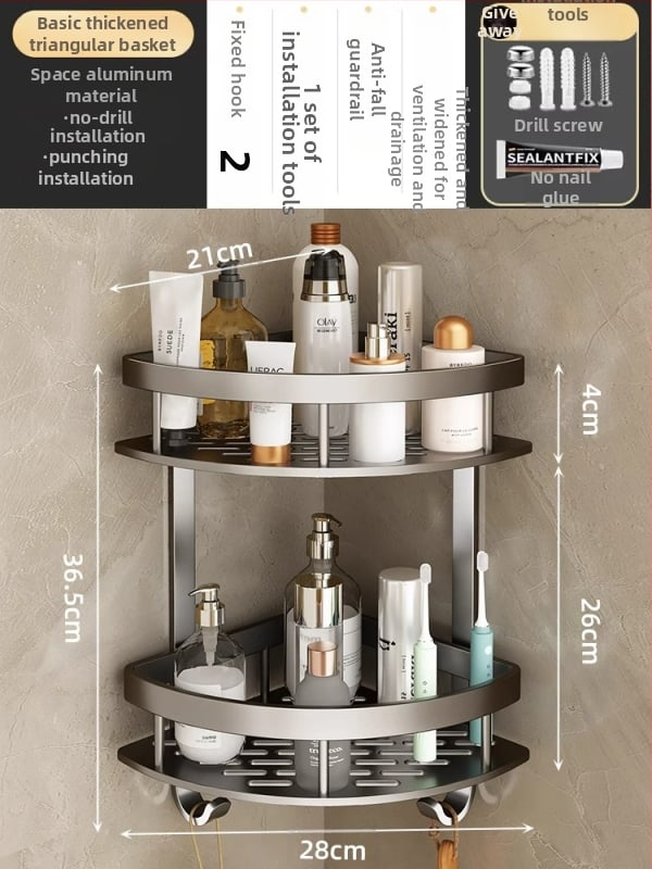 Raft de baie Space Aluminum, colț triunghiular, montat pe perete, 3 etaje