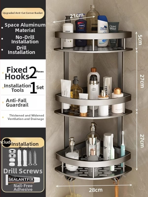 Raft de baie Space Aluminum, colț triunghiular, montat pe perete, 3 etaje