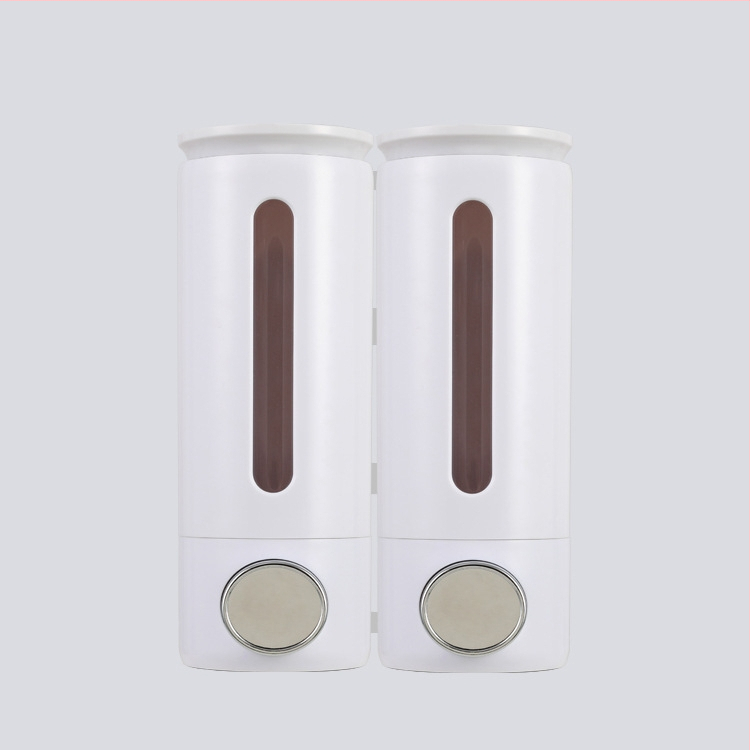 Dvojhlavý nástenný dávkovač tekutín, ABS, 500 ml × 2, ručné stlačenie, bez vŕtania