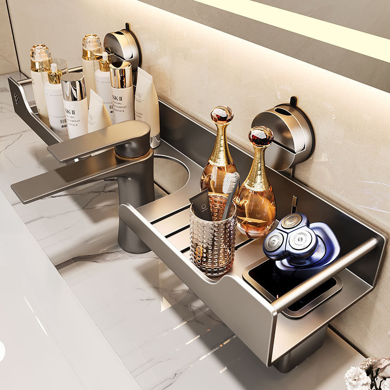 Raft de baie montat pe perete pentru chiuvetă, fără găuri, oțel carbon, 1 nivel, stil modern minimalist, capacitate 10 kg