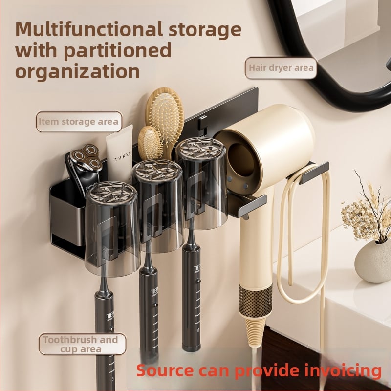 Raft de baie pentru depozitare cu suport pentru pahare de gură, suport pentru periuțe de dinți și suport pentru uscător de păr; din oțel cu conținut de carbon, finisaj vopsire la cuptor, încărcare 10–15 kg, stil modern minimalist