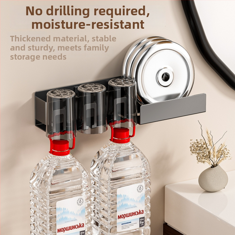 Police do kúpeľne na uskladnenie s držiakom pohára na kloktanie, držiakom na zubnú kefku a držiakom na fén; jednoriad, z karbónovej ocele, povrchová úprava pečená farba, nosnosť 10–15 kg, moderný minimalistický štýl