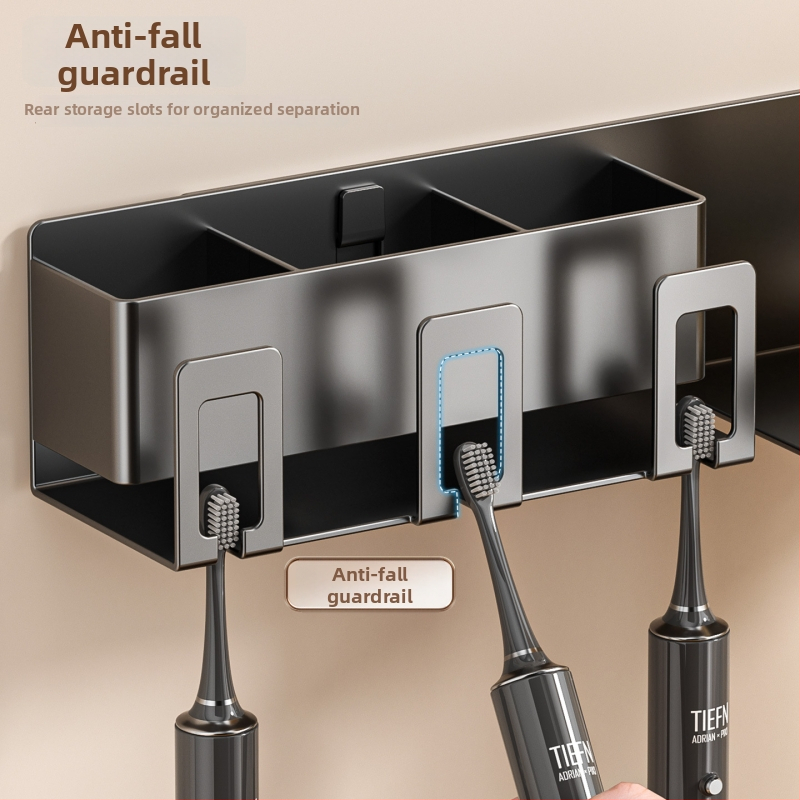 Police do kúpeľne na uskladnenie s držiakom pohára na kloktanie, držiakom na zubnú kefku a držiakom na fén; jednoriad, z karbónovej ocele, povrchová úprava pečená farba, nosnosť 10–15 kg, moderný minimalistický štýl