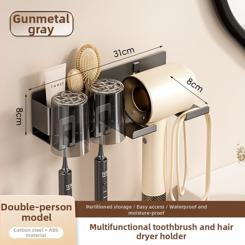 Raft de baie pentru depozitare cu suport pentru pahare de gură, suport pentru periuțe de dinți și suport pentru uscător de păr; din oțel cu conținut de carbon, finisaj vopsire la cuptor, încărcare 10–15 kg, stil modern minimalist