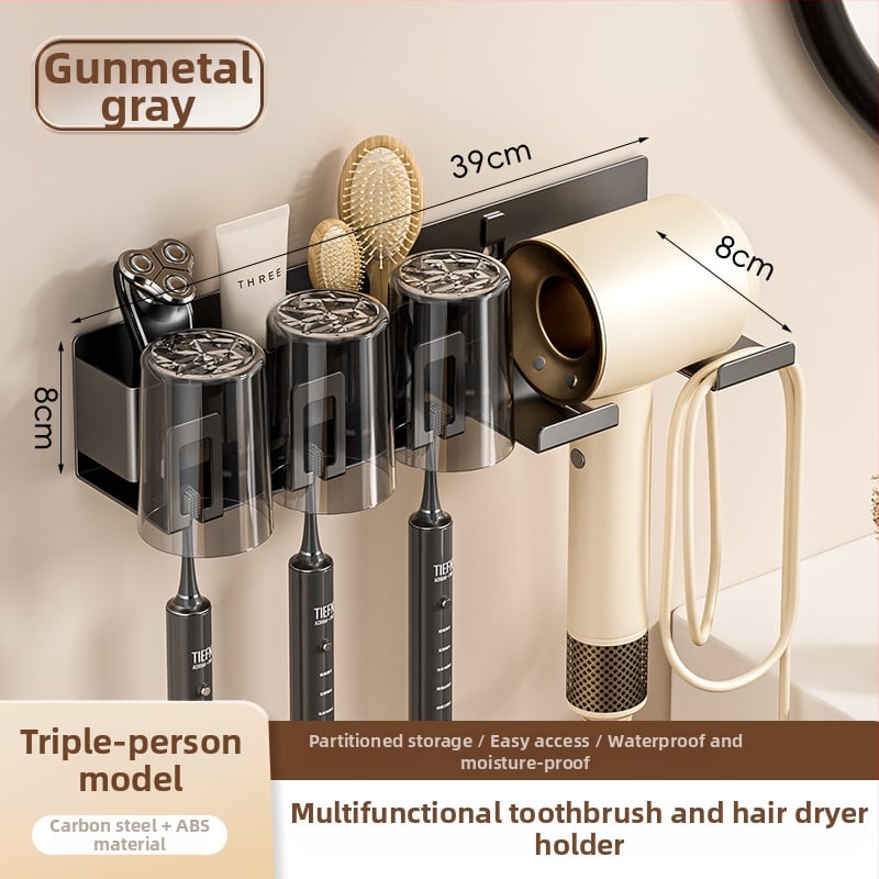 Raft de baie pentru depozitare cu suport pentru pahare de gură, suport pentru periuțe de dinți și suport pentru uscător de păr; din oțel cu conținut de carbon, finisaj vopsire la cuptor, încărcare 10–15 kg, stil modern minimalist