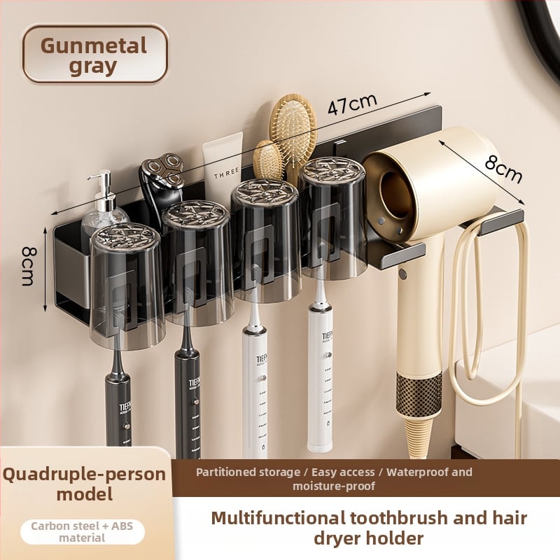 Raft de baie pentru depozitare cu suport pentru pahare de gură, suport pentru periuțe de dinți și suport pentru uscător de păr; din oțel cu conținut de carbon, finisaj vopsire la cuptor, încărcare 10–15 kg, stil modern minimalist
