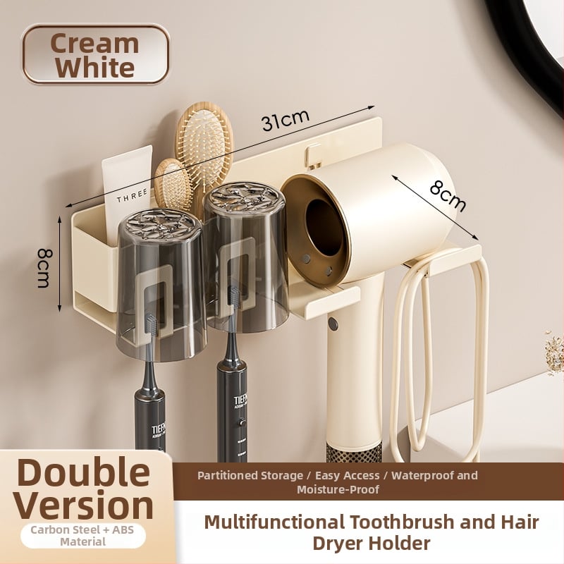 Raft de baie pentru depozitare cu suport pentru pahare de gură, suport pentru periuțe de dinți și suport pentru uscător de păr; din oțel cu conținut de carbon, finisaj vopsire la cuptor, încărcare 10–15 kg, stil modern minimalist