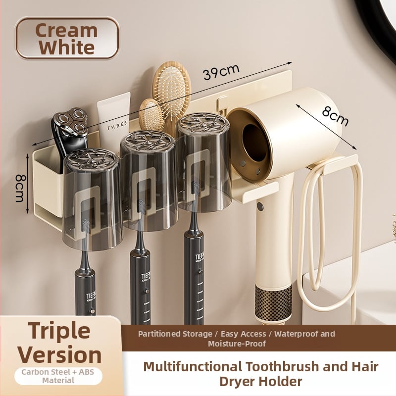 Raft de baie pentru depozitare cu suport pentru pahare de gură, suport pentru periuțe de dinți și suport pentru uscător de păr; din oțel cu conținut de carbon, finisaj vopsire la cuptor, încărcare 10–15 kg, stil modern minimalist