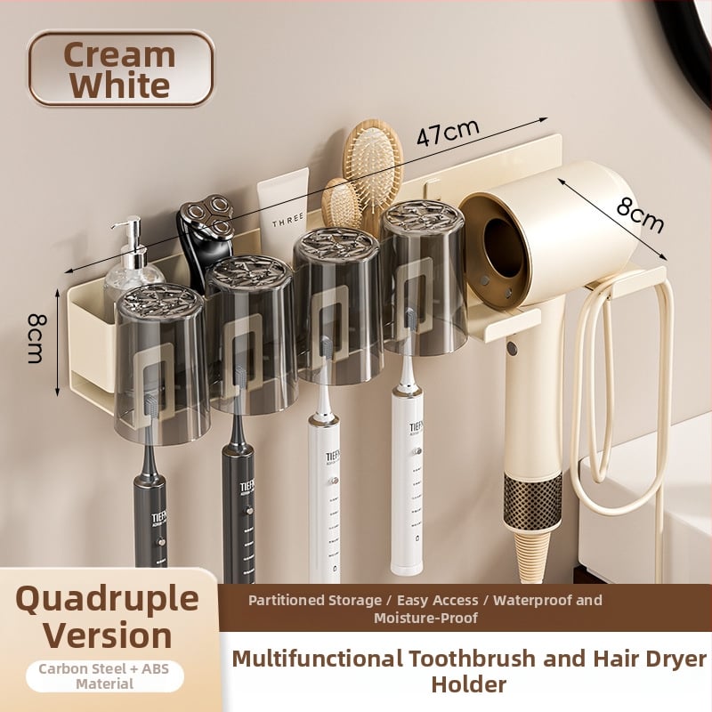 Raft de baie pentru depozitare cu suport pentru pahare de gură, suport pentru periuțe de dinți și suport pentru uscător de păr; din oțel cu conținut de carbon, finisaj vopsire la cuptor, încărcare 10–15 kg, stil modern minimalist