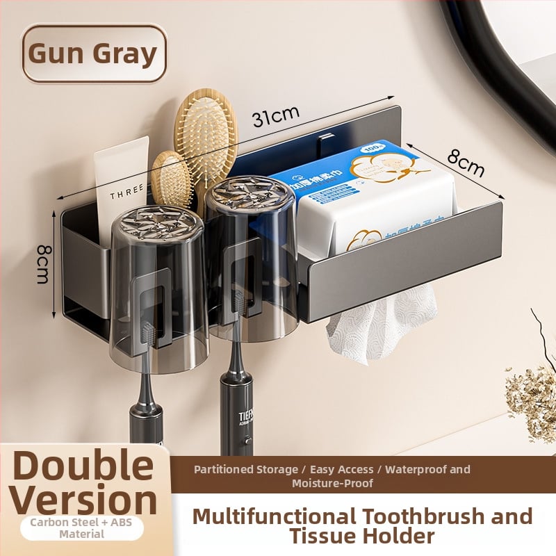 Raft de baie pentru depozitare cu suport pentru pahare de gură, suport pentru periuțe de dinți și suport pentru uscător de păr; din oțel cu conținut de carbon, finisaj vopsire la cuptor, încărcare 10–15 kg, stil modern minimalist
